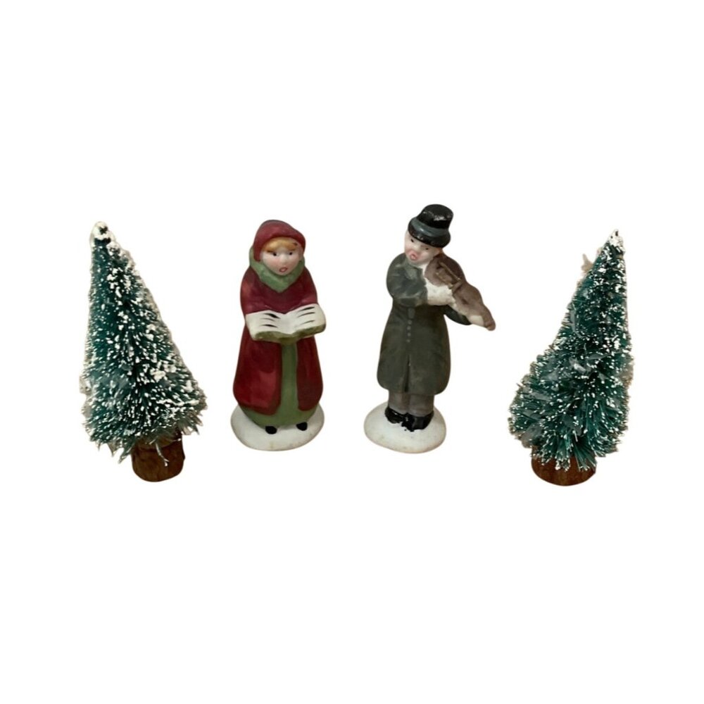 Vintage Lemax Christmas Village Accessories Carolers Snowy Bottlebrush Trees